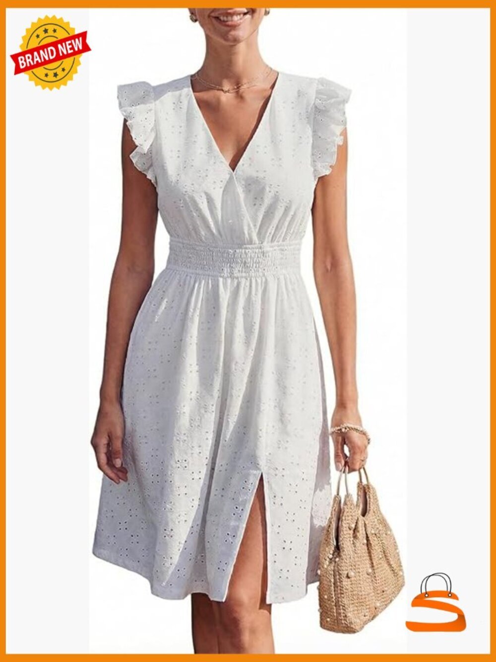 Smocked waist midi dress with flutter sleeves eyelet lace V-neck flowy A-line